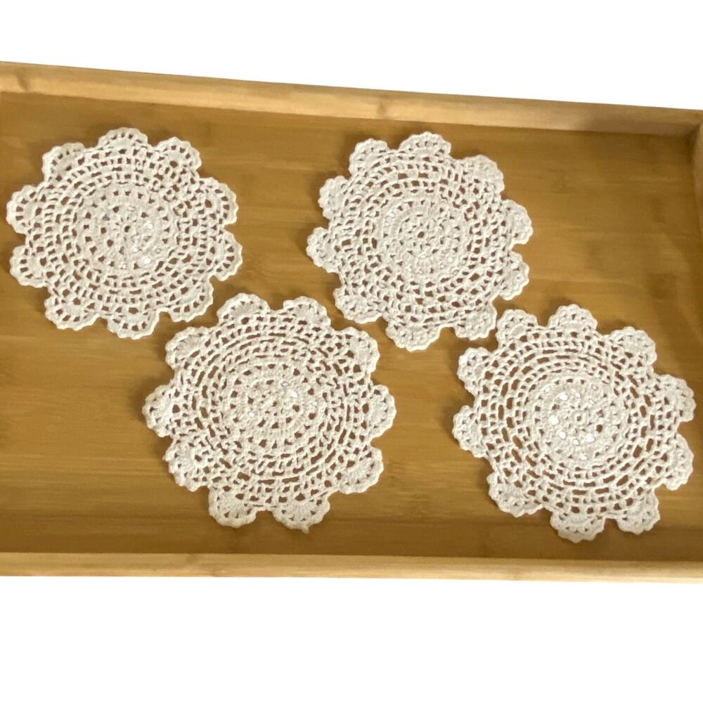 Vintage Handmade Crochet Doilies Set of 4 White Round Cotton Lace 7in